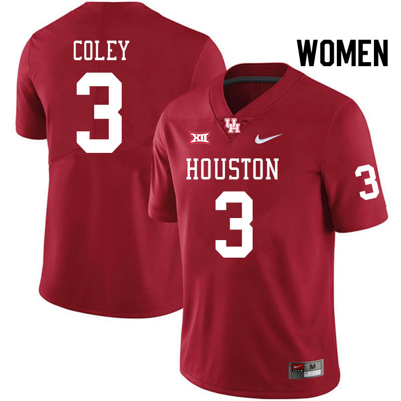 Women #3 Lucas Coley Houston Cougars Big 12 XII College Football Jerseys Stitched-Red
